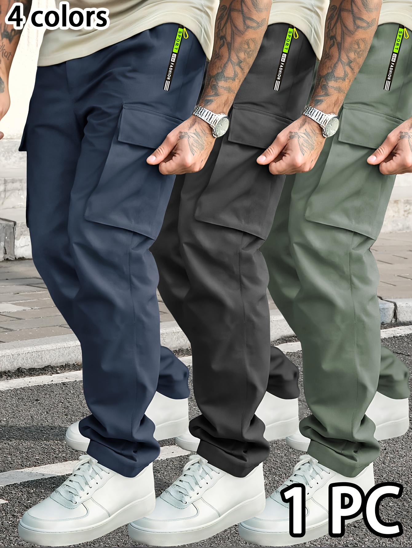 *'s Olive Green Cargo Pants with Zipper Pockets Adjustable Drawstring  Waist Straight-Leg Durable Fabric for Hiking, Jogging, Outdoor Activities 