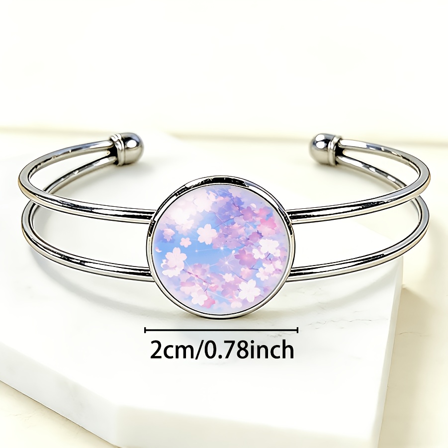 Adjustable Open Bangle with Pink Cherry Blossoms Design