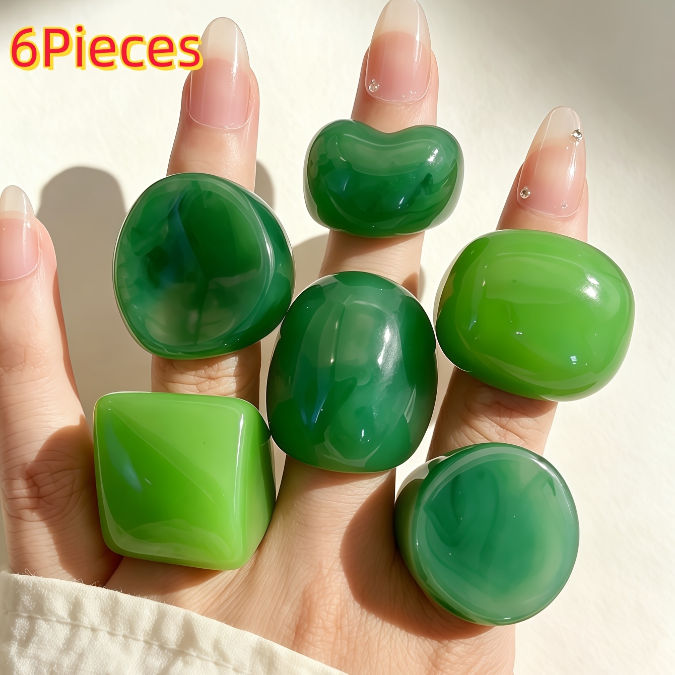 TEMU Conjunto de 6 anillos de resina geométricos verdes de moda para mujer, estilo , joyería y con forma de de amor, regalos diarios para fiestas