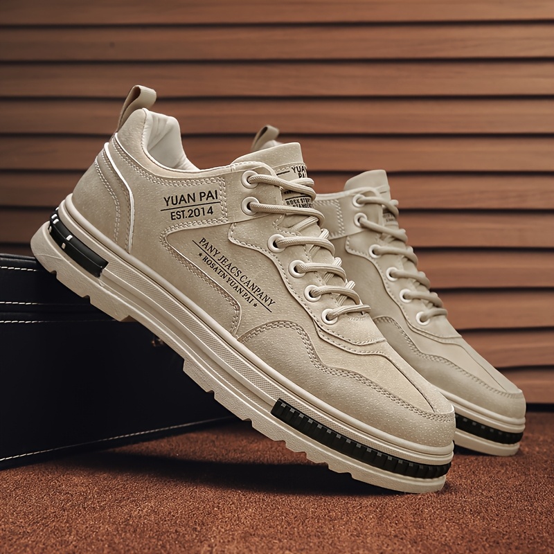Men's Lightweight Skate Sneakers - Stylish Beige Casual Sneakers with Durable PU Upper, Breathable Fabric Lining, and Non-Slip PVC Sole for Casual Attire, Hiking & Outdoor Activities, Everyday Shoes | Sporty Style | Breathable Lining, Skate Shoes
