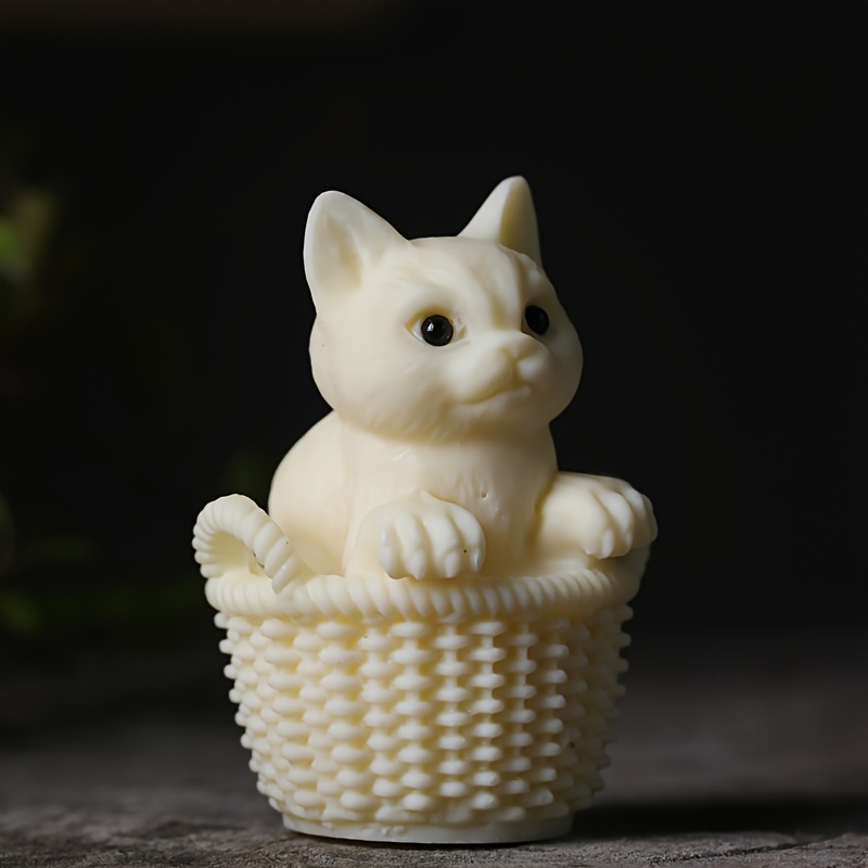 

1pc, Ivory Nut Carved Kitten, Cute Basket Cat Figurine, Adorable Animal Tea Pet, Wooden Decorative Craft, Home Decor, Room Decor