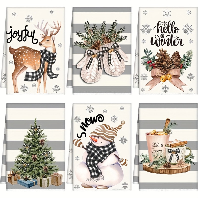 TEMU 6pcs Holiday Christmas Kitchen Towels - Polyester, Absorbent With Deer And Snowflake Design, Gray Stripes, Featuring Festive Themes, Perfect For