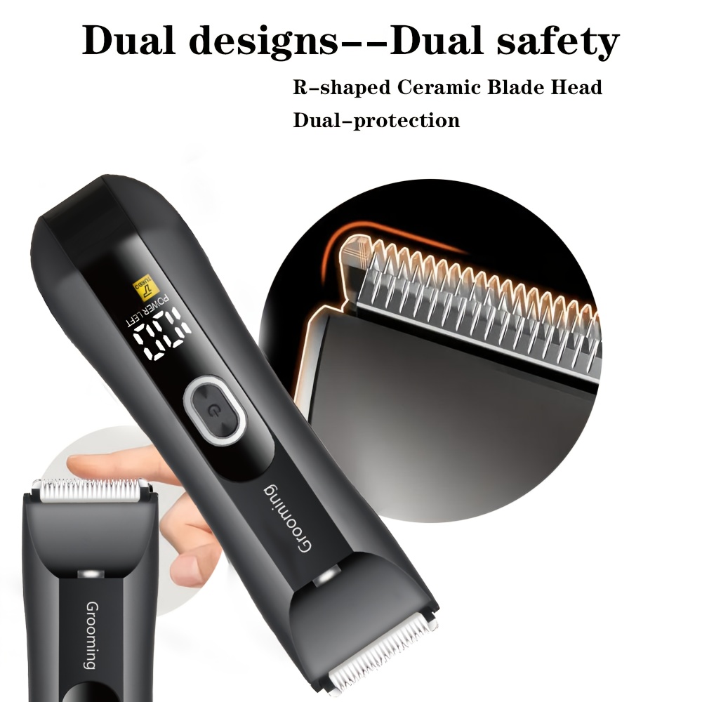 Water-resistant Men's body hair trimmer & shaver, LCD screen LED light, Men's groin and bikini electric ball shaver, with replaceable ceramic blades, 4-size protective cover, 2-speed shaver, suitable for beauticians, Xmas and Black Friday gifts