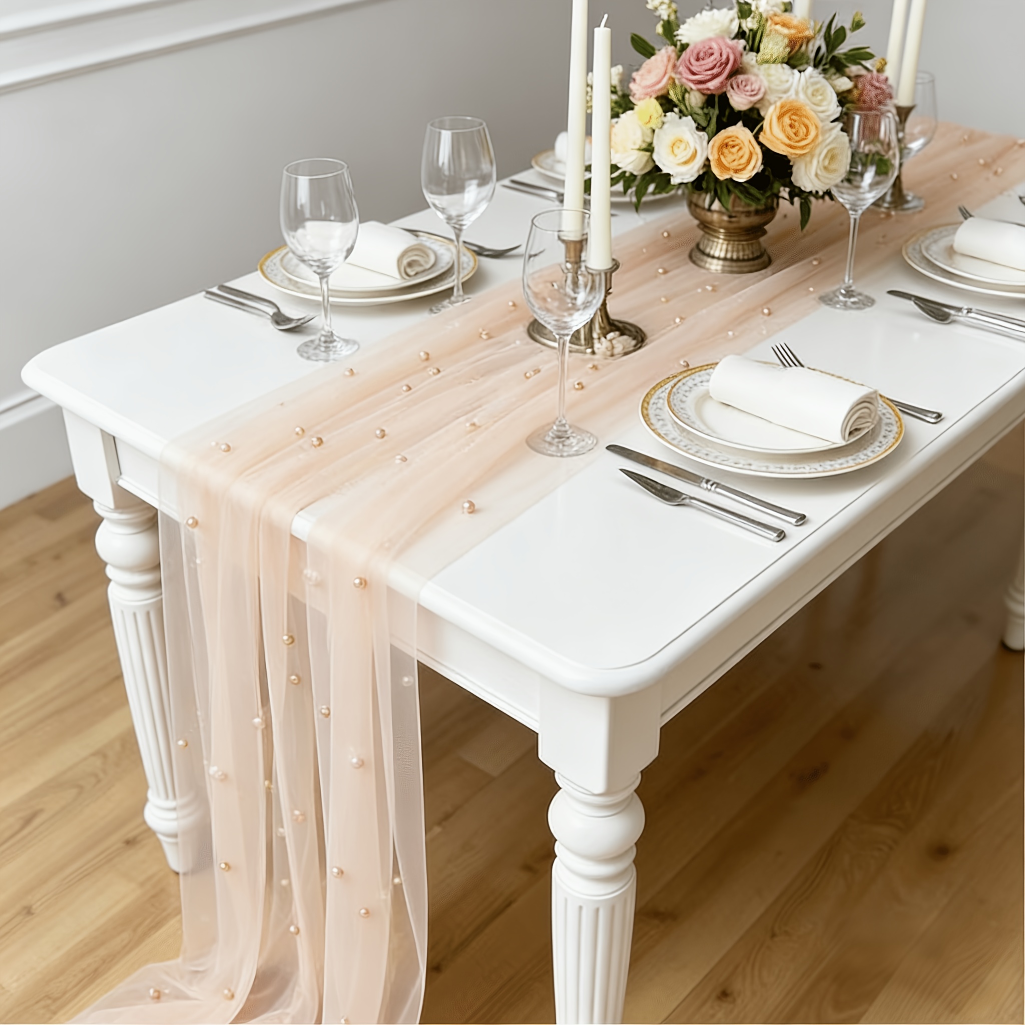 TEMU 1pc 118.11-inch Long Pearl Mesh Table Runner, Semi-transparent Tablecloth, Suitable For Weddings, Proposals, And Special Occasions, With Bead