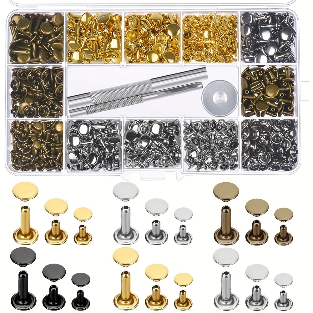 

480 Sets Of 3 Sizes Of Leather Rivets With Double Hats, Tubular Metal Decorative Rivets, With 3pcs Setting Tool Kit, For Leather Craft Repair And Decoration,