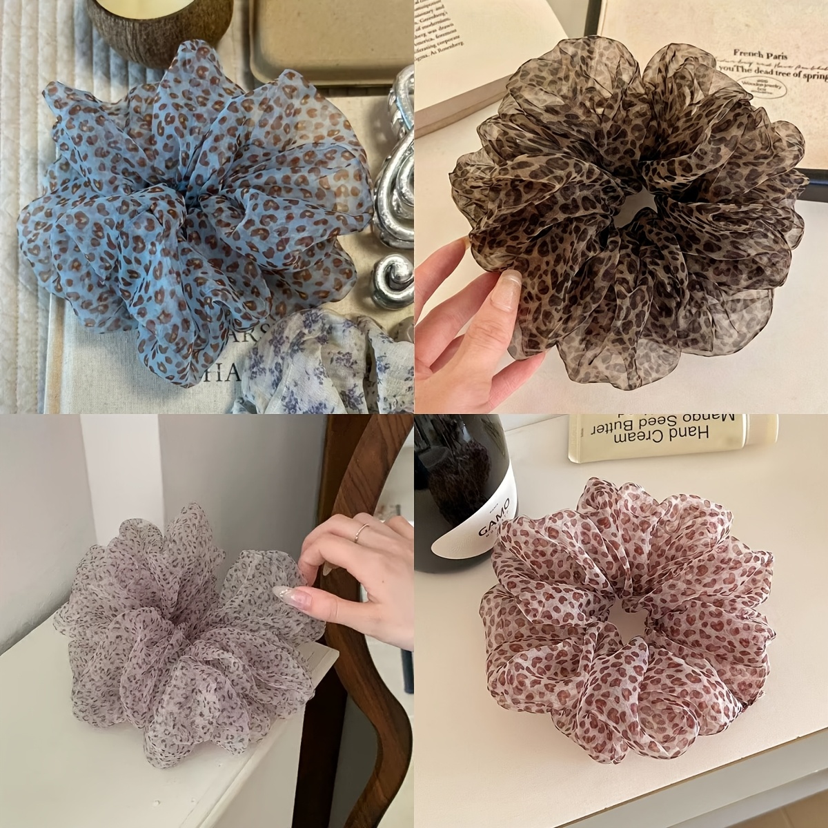 TEMU 4 Premium Vintage Mesh Leopard Print Scrunchies For Women, Lazy Style Simple Summer Bun And Ponytail Hair Ties, Hair Accessories