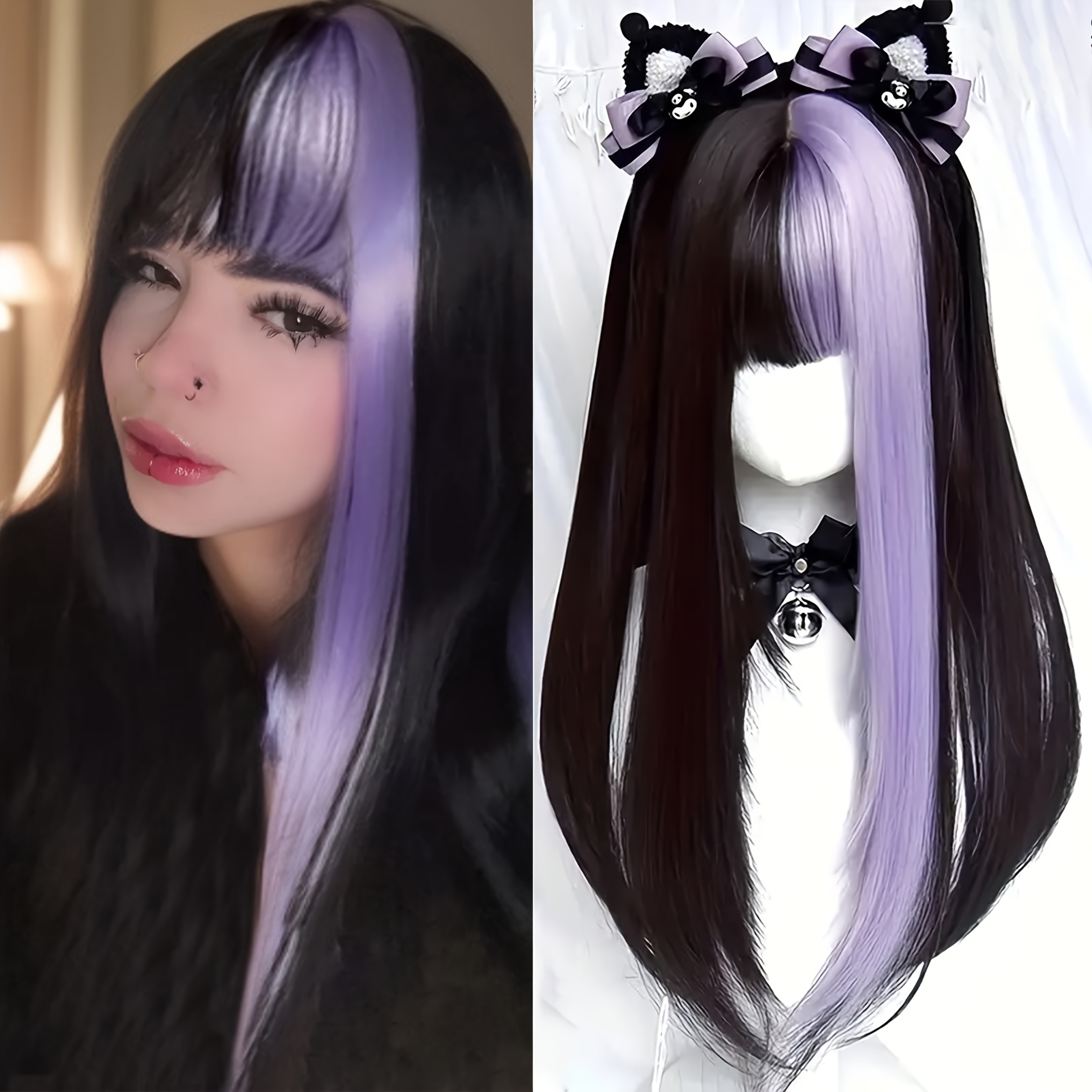 long straight synthetic wig bangs purple highlights black - Temu display picture 1