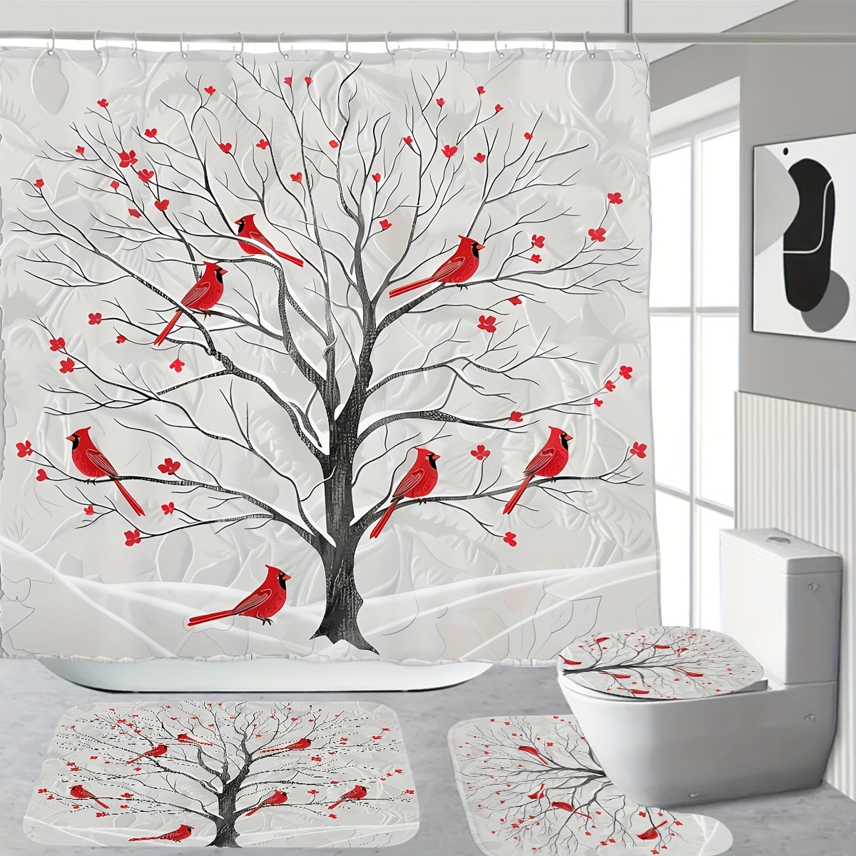 

Christmas Shower Curtain Set: 1/4 Pcs , , And Carpet - 180*180cm - Polyester - Includes 12 Plastic