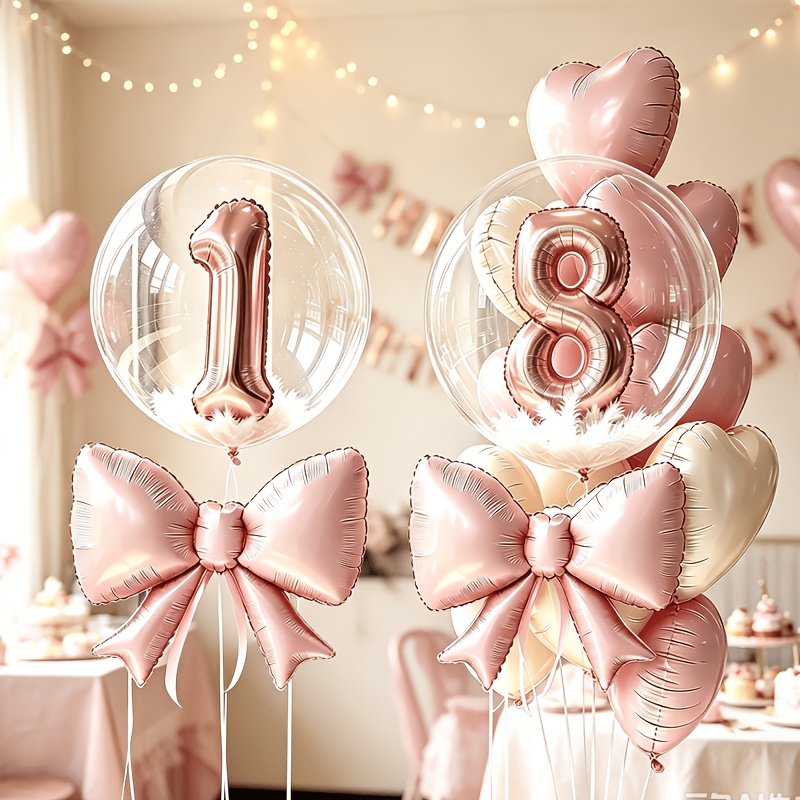 TEMU Ensemble de ballons pour fête d'anniversaire rose double numéro, 14 pièces, comprenant 2 ballons numérotés, 6 ballons cœur, 2 ballons nœud, 2