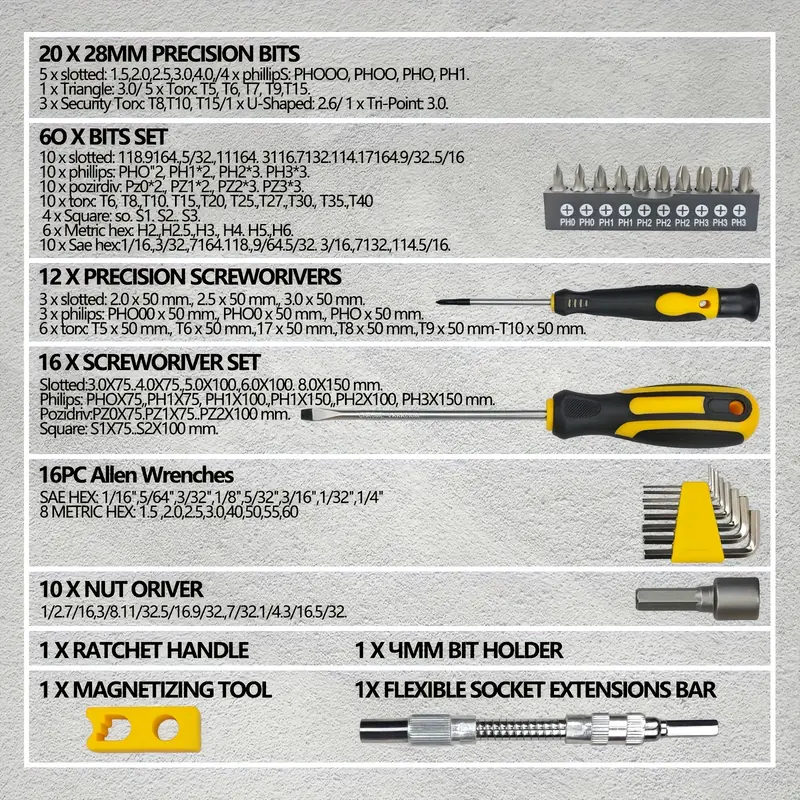 145pcs steel magnetic screwdrivers with plastic racking key set nut driver and bit set uncharged without battery for diy men tools gift Product details 1