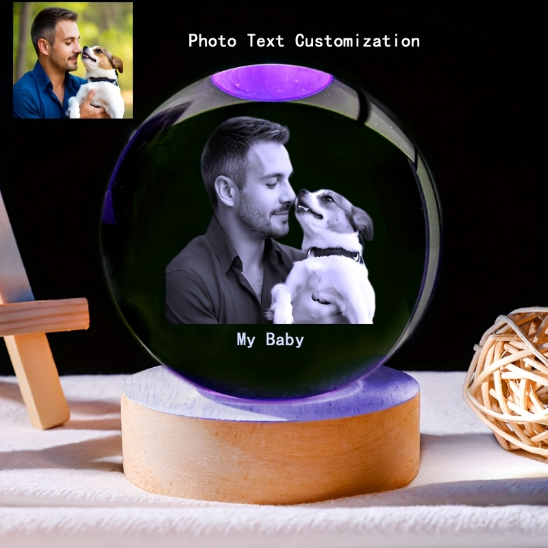 TEMU 1pc Photo Text Custom Crystal Ball With Colorful Wooden Base Powered Bedroom Living Room Office Home Decor Small Sculpture Ornament Pet Photo