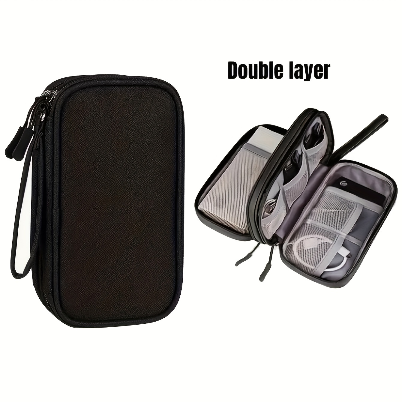 1pc Portable Travel Electronics Organizer - Double Layer Suitcase Design For Cables, , Phones And Additions, Durable Oxford Cloth, Comfortable Handle, Large Capacity, Black