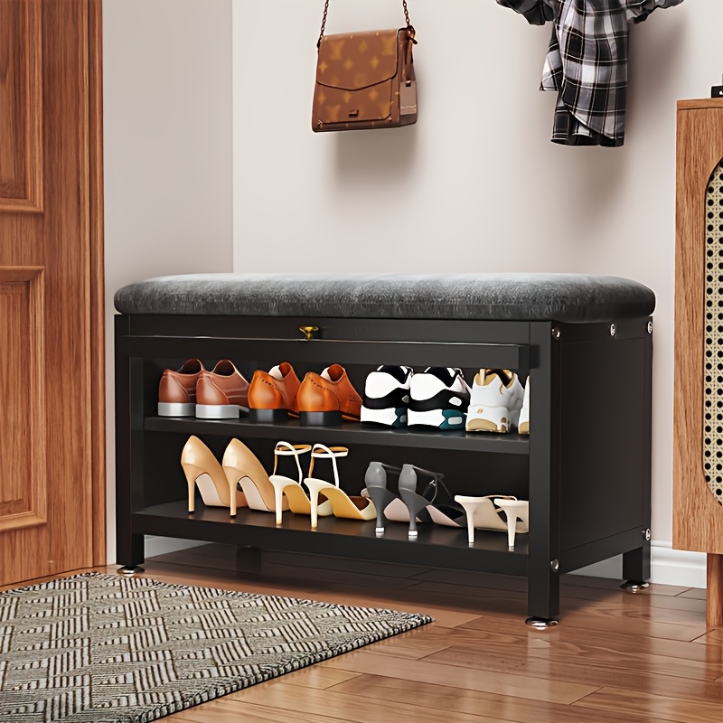 Shoe Changing Stool with Shoe Rack, Soft Stool, Shoe Cabinet/shoe Changing Stool That Can Hold Multiple Pairs of Shoes, Elegant Entryway Shoe Cabinet, Shoe Storage Solution, Carbon Steel Storage Stool, Black/cream White, for Home Entrance Passages