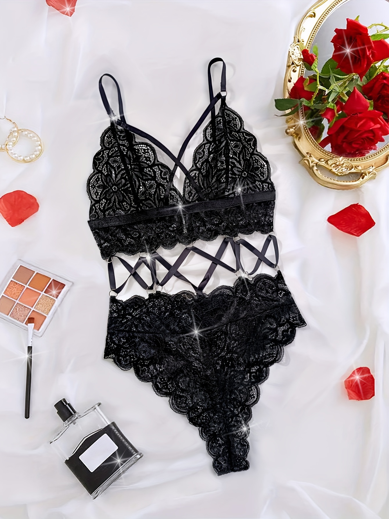 Women's Sexy Floral Lace Lingerie Set Strappy Criss Cross - Temu