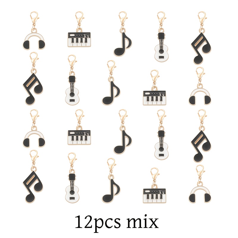 TEMU 12pcs Notes de musique noires mélangées en alliage de avec fermoir mousqueton, idéales pour la création d'artisanat, porte-clés et accessoires