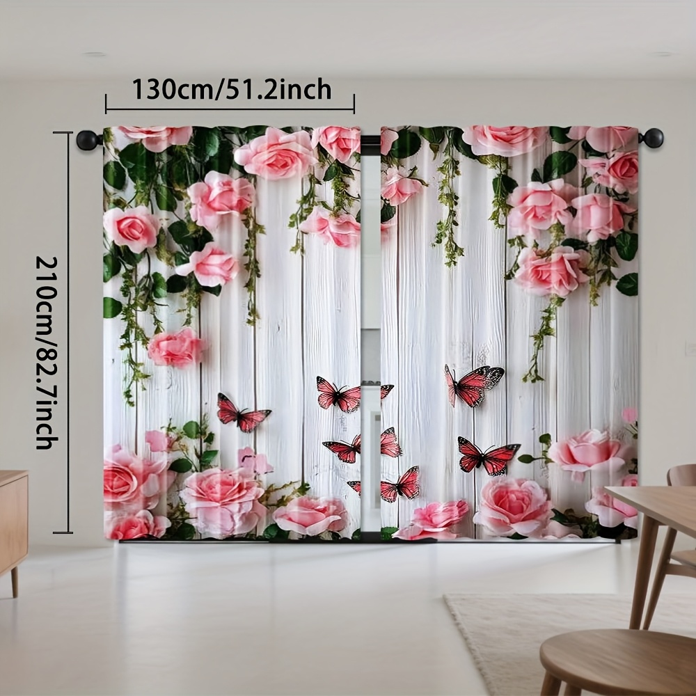 TEMU 2d Flat - 2d Flat - Set Of 2 Flat 2d Curtains Featuring A Pink Floral And Design In Art , Perfect For Bedroom Decoration And Valentine's Day