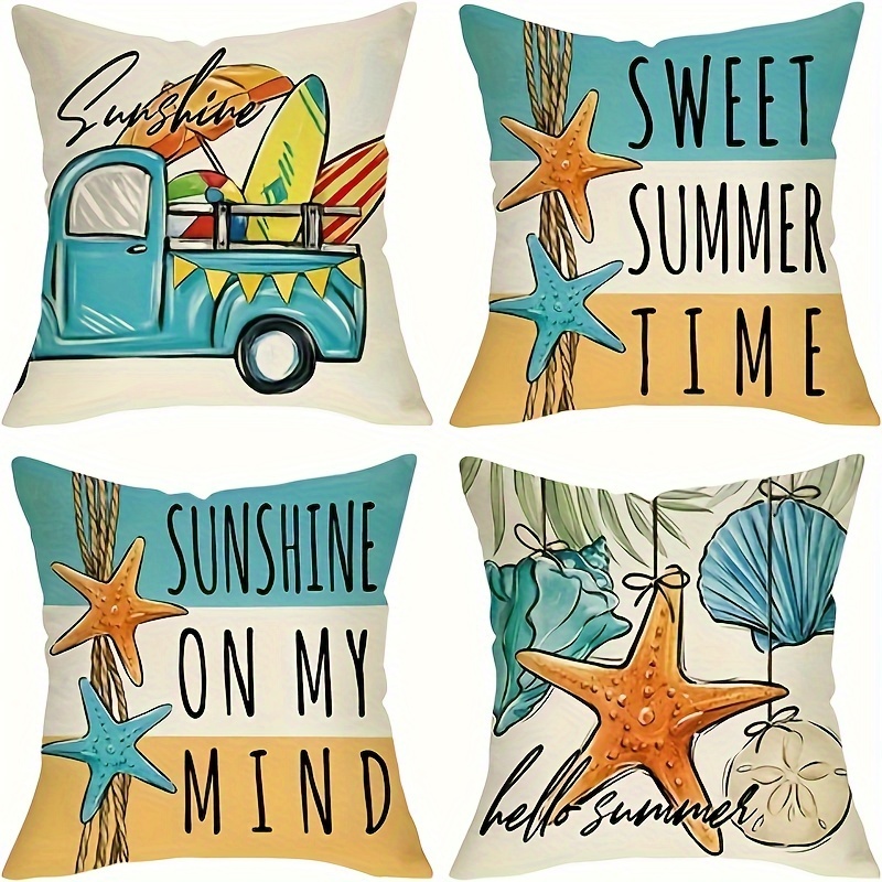 

4pcs/set Hello, Summer Beach Coast Decorative Cushion Covers 18 X 18in, Sunshine Starfish Conch Shell Truck Porch Outdoor Home Decor, Ocean Seasonal Sofa Cushion Covers
