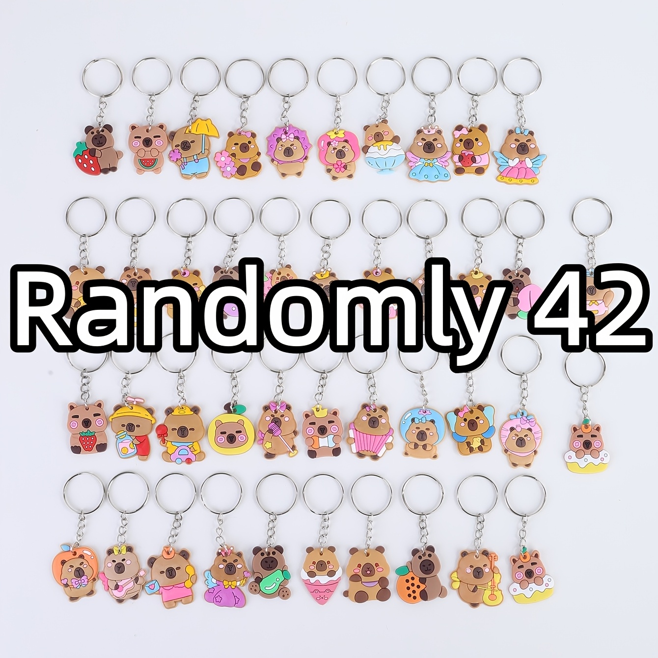 TEMU Pvc 42pcs Cute Cartoon Irregular Random Mixed Small Animals, Capybara Mixed Style Keychains, Flat Keychains