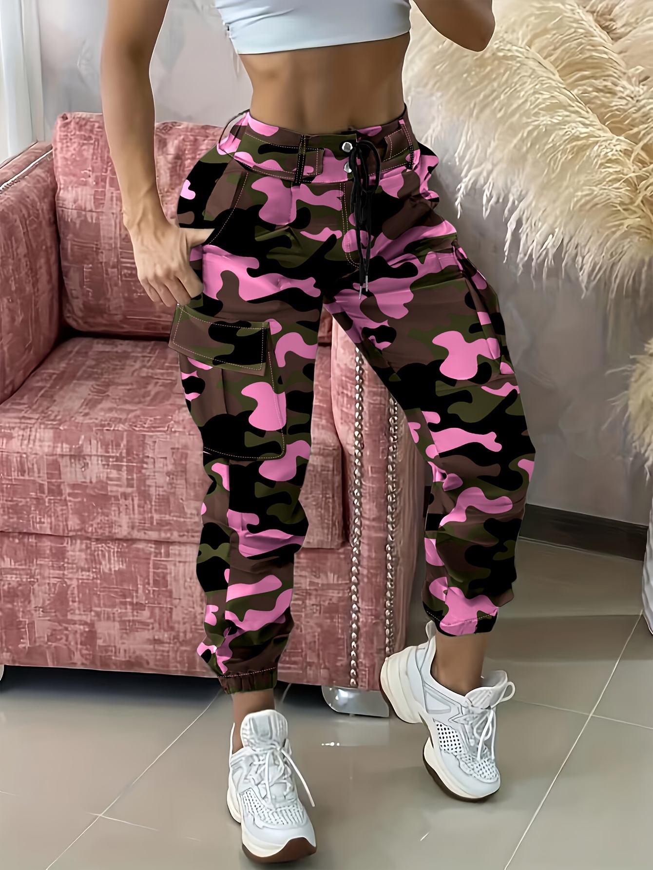 Camo Print Drawstring Baggy Joggers, Casual Hiogh Waist Pants For Spring &  Fall, Women's Clothing