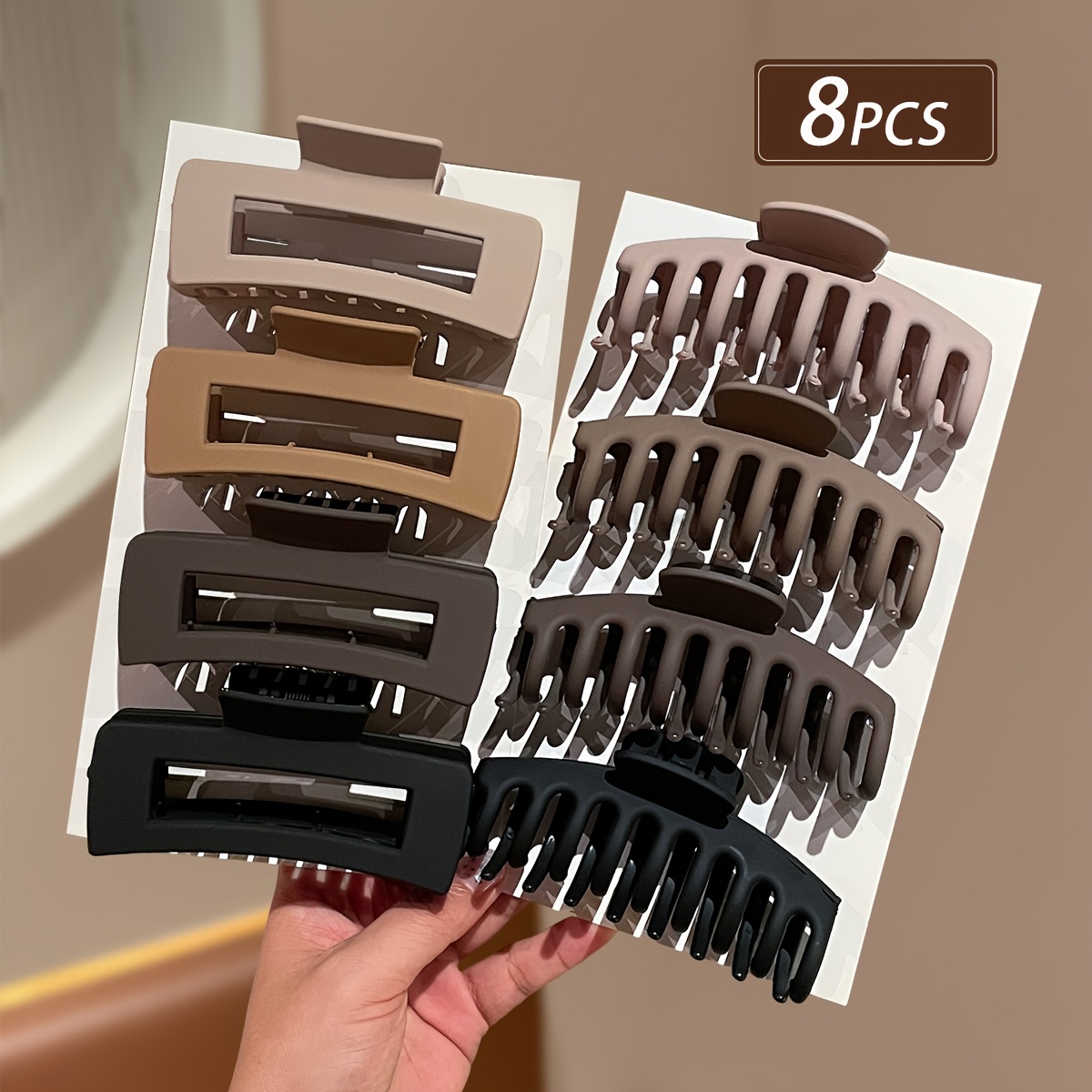 TEMU 8 pinzas grandes curvas rectangulares huecas para el cabello, diseño mate para mujer, agarre de cabello recogido de gran capacidad con en la