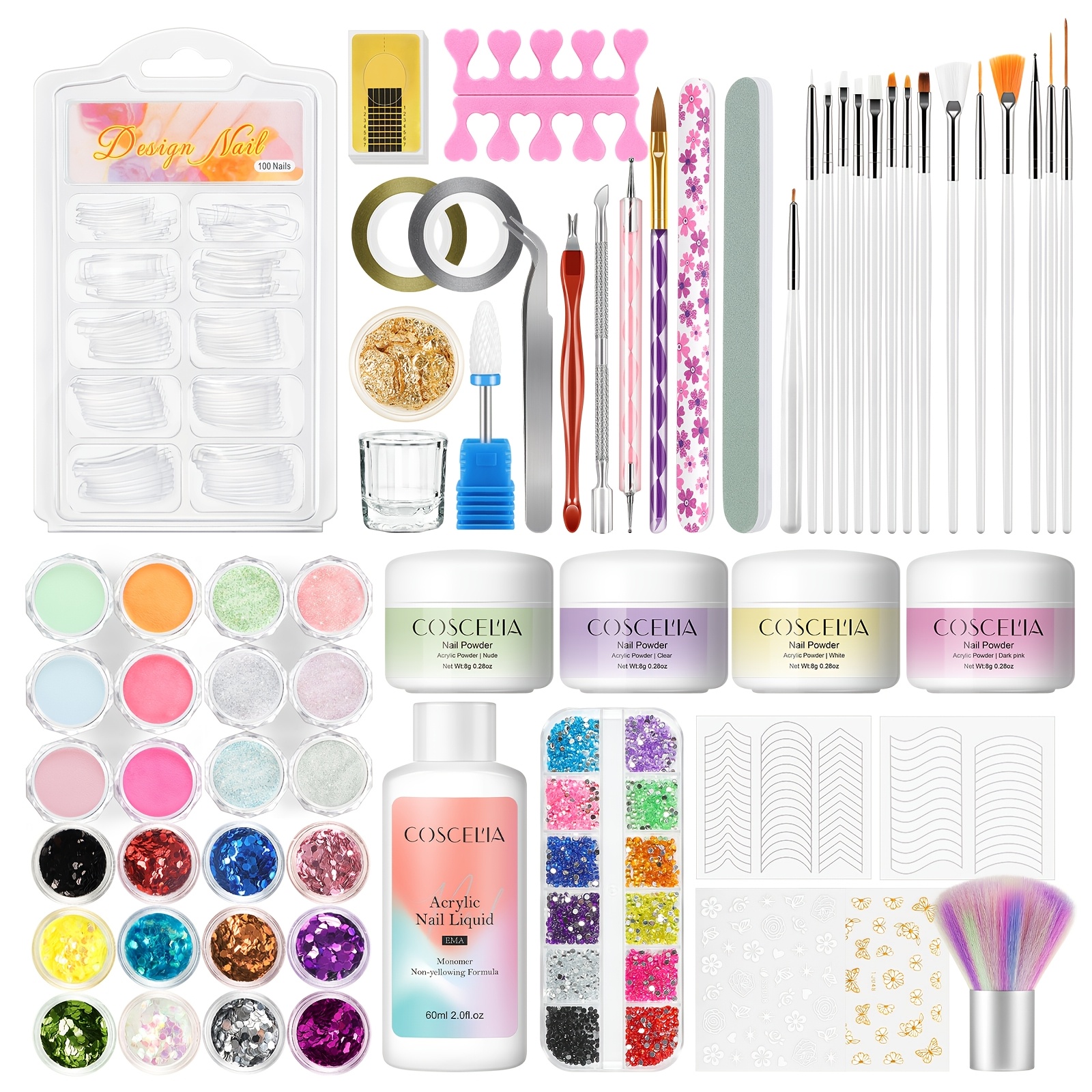 Image of Coscelia Complete Acrylic Nail Kit With Rhinestone Tips Suitable For Beginners, & Nude Pink Powder Liquid Nail System, Diy Manicure Starter Kit For Use, Professional Nail Art Decoration Tools For Nail