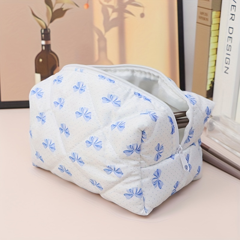 

Bowknot Cosmetic Bag - Polyester Toiletry Storage Case With Floral Print, Non-waterproof With Polyester Lining, Large Capacity For Travel - Hand Washable From Guangzhou - 1pc