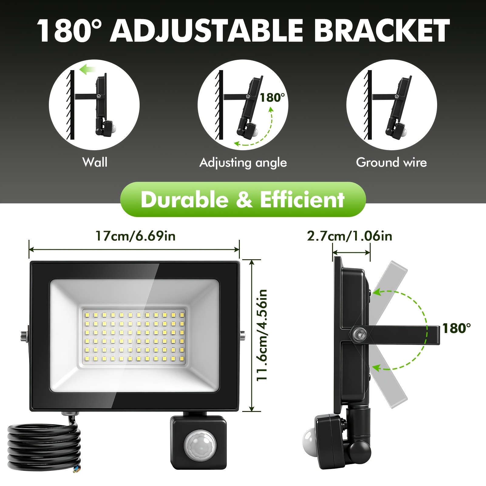 TEMU 2pcs 50w Warm White Led Motion Sensor Floodlight - Ip65 High Quality Outdoor Security Light With Adjustable Mounting Bracket For Garages, ,