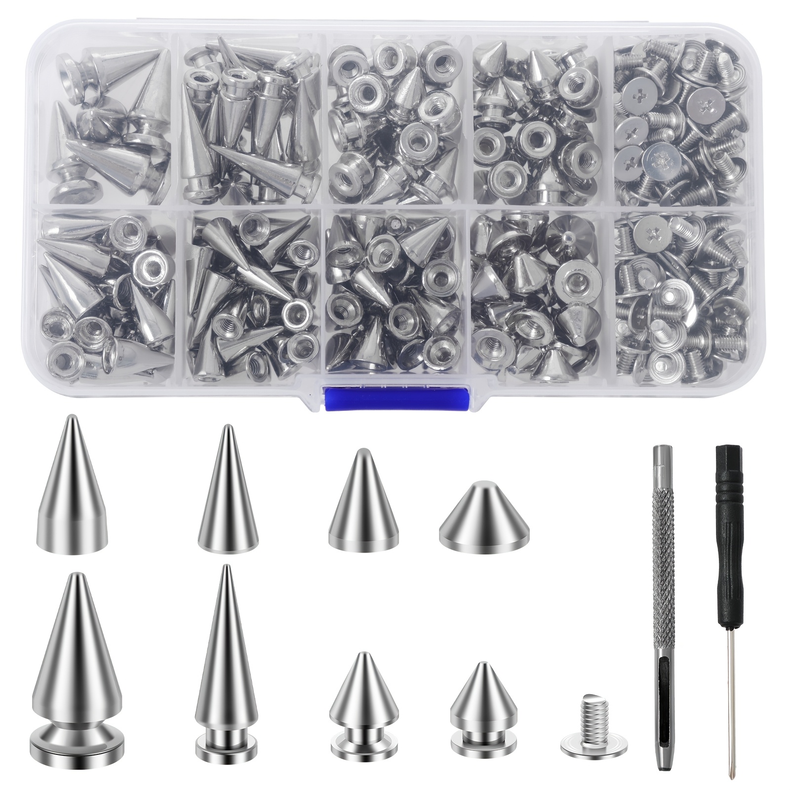 Image of 359pcs Set Of Punk Made From Alloy, Featuring Silver Cone Spikes And Sizes Of Rivets For Leather Crafting, Ideal For Projects And Punk Fashion Embellishments