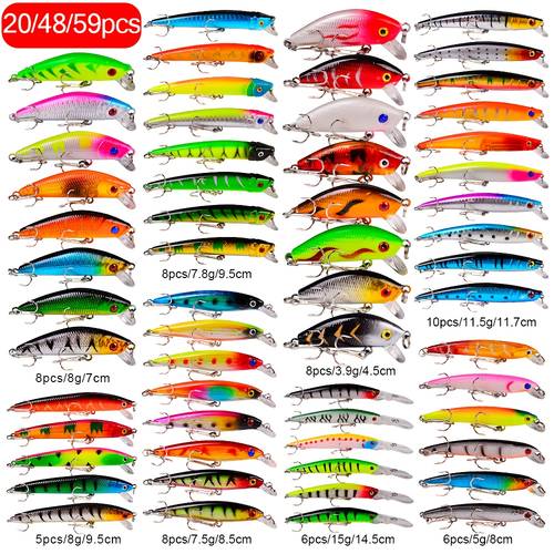 20 48 59pcs fishing lures kit hard baits set for pike and crankbait tackle minnow popper pencil swimbaits hook sea lure