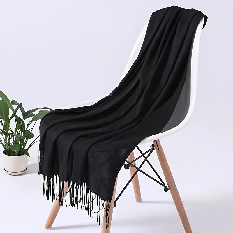 Image of 1pc Of Elegant Solid Color Fringed Scarf-soft Fake, 78.74 Inches, Suitable For , White, Black, Red Or Options, Perfect Women's Shawl, Elegant Accessories, Soft Texture, Shawl Scarf