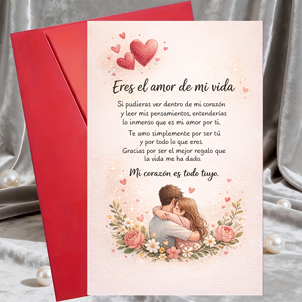 TEMU 1 Tarjeta de felicitación + 1 Sobre , Tarjeta española con de amor " De " para , esposo, novia, novio, aniversario, Día de San Valentín, de