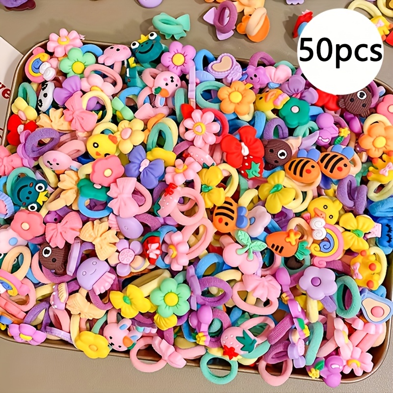 

50pcs Cute Bohemian Style Hair Accessories Set, Cartoon Fruit Vegetable Animal Flower Bowknot Plastic Hair Bands, Mixed Color Resin Hair Ties For Girls