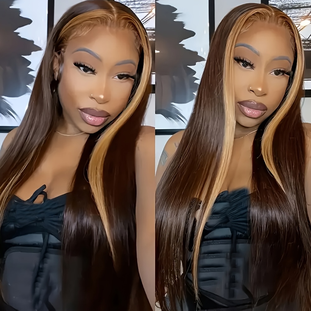 Image of Blonde Skunk Stripe Wigs Brown Color Highlights Synthetic Lace Front Wigs 13x4 Hd Glueless Free Part Long Straight Hair Wigs For Fashion Women Heat Resistant Fiber Synthetic Wigs For Cosplay Use