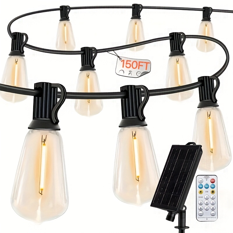 guirnalda de luces solares para exteriores de 150/100ft/50ft/25ft/13ft con control remoto, luces solares regulables, bombilla irrompible incluida, guirnalda de luces led st38 para patio, luces colgantes, para decoración de patio