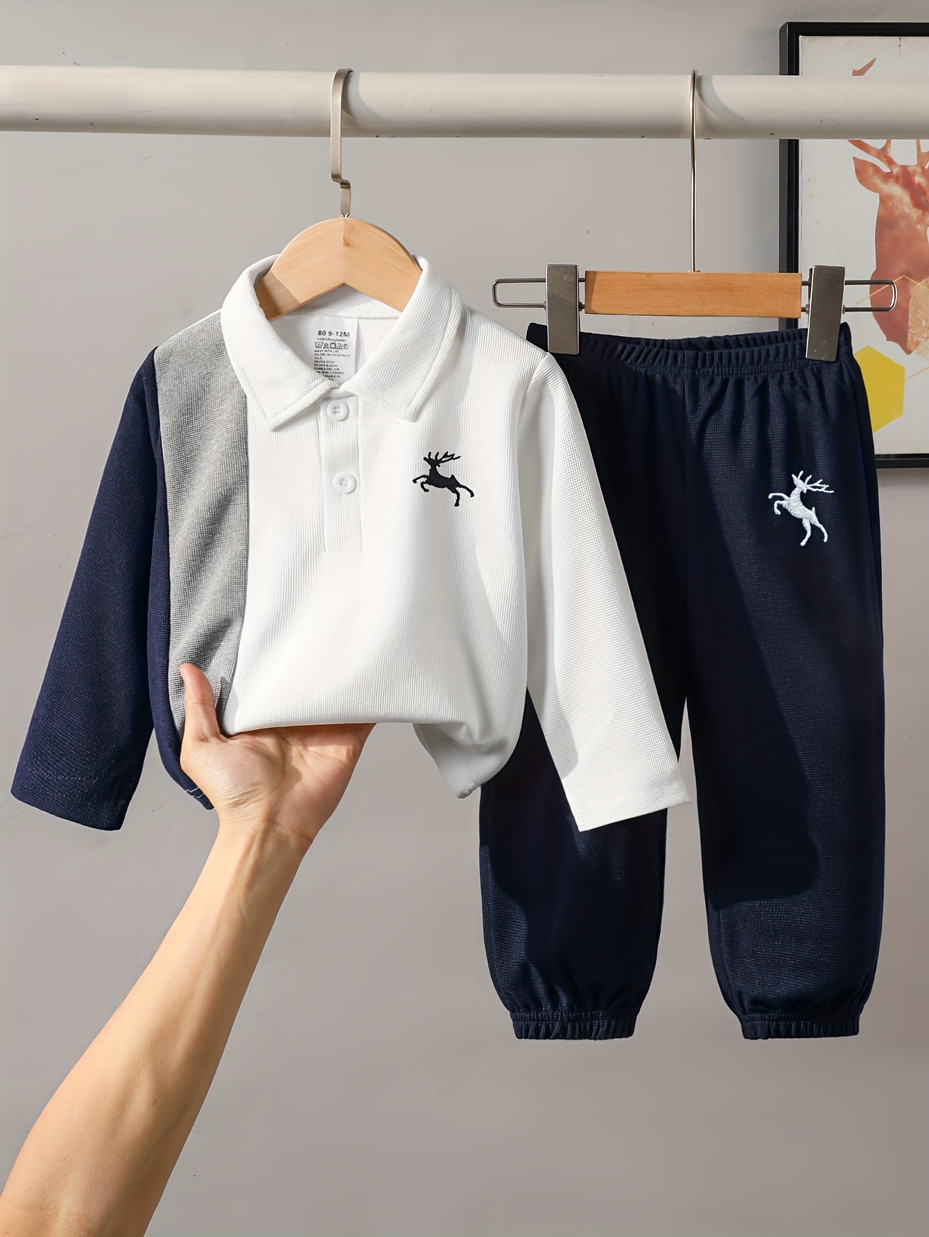 2pcs boys simple and comfortable spring autumn set deer   block lapel button up long sleeve top elastic waist drawstring pants   outfit for   for outdoor white 0