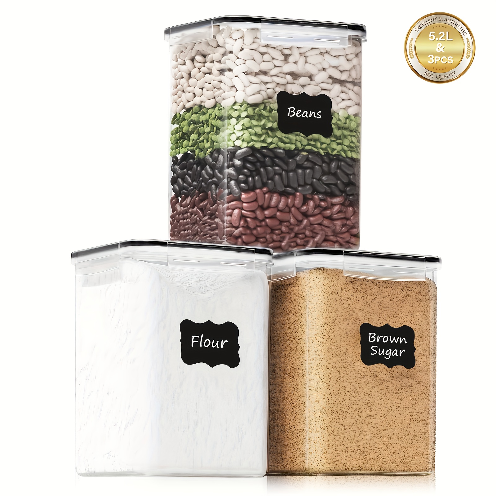 3-pack Extra Large Airtight Food Storage Jars, 5.2l Kitchen Storage Boxes For Sugar Flour Cereal Rice, Black. Suitable For Home Scenes