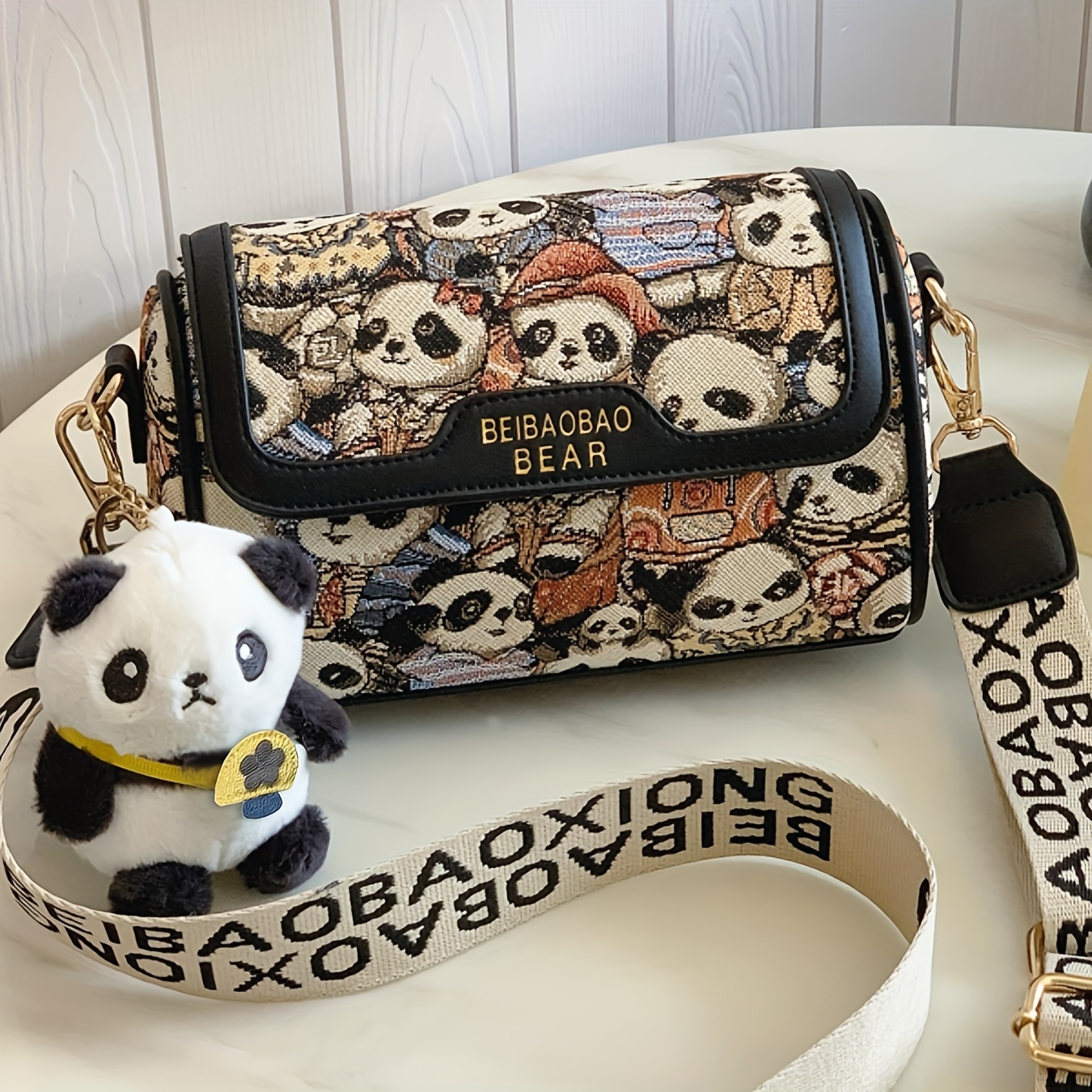 

Fashion Cartoon Panda Print Crossbody Bag, Embroidered Pu Shoulder Bag With Adjustable Strap And Magnet Closure, Baigou Origin Animal Theme Fashion Accessory - Black And Light Brown