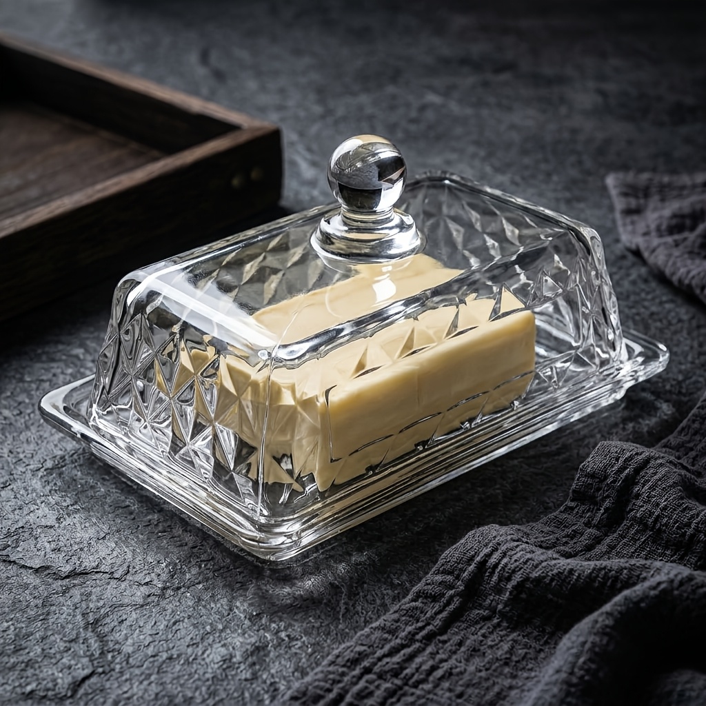 TEMU 1 Set Rectangular Butter Dish Glass Lid Cheese Butter Plate Snack Dessert Cake , Glass Cake Tray Home Kitchen Restaurant Living Room Dessert