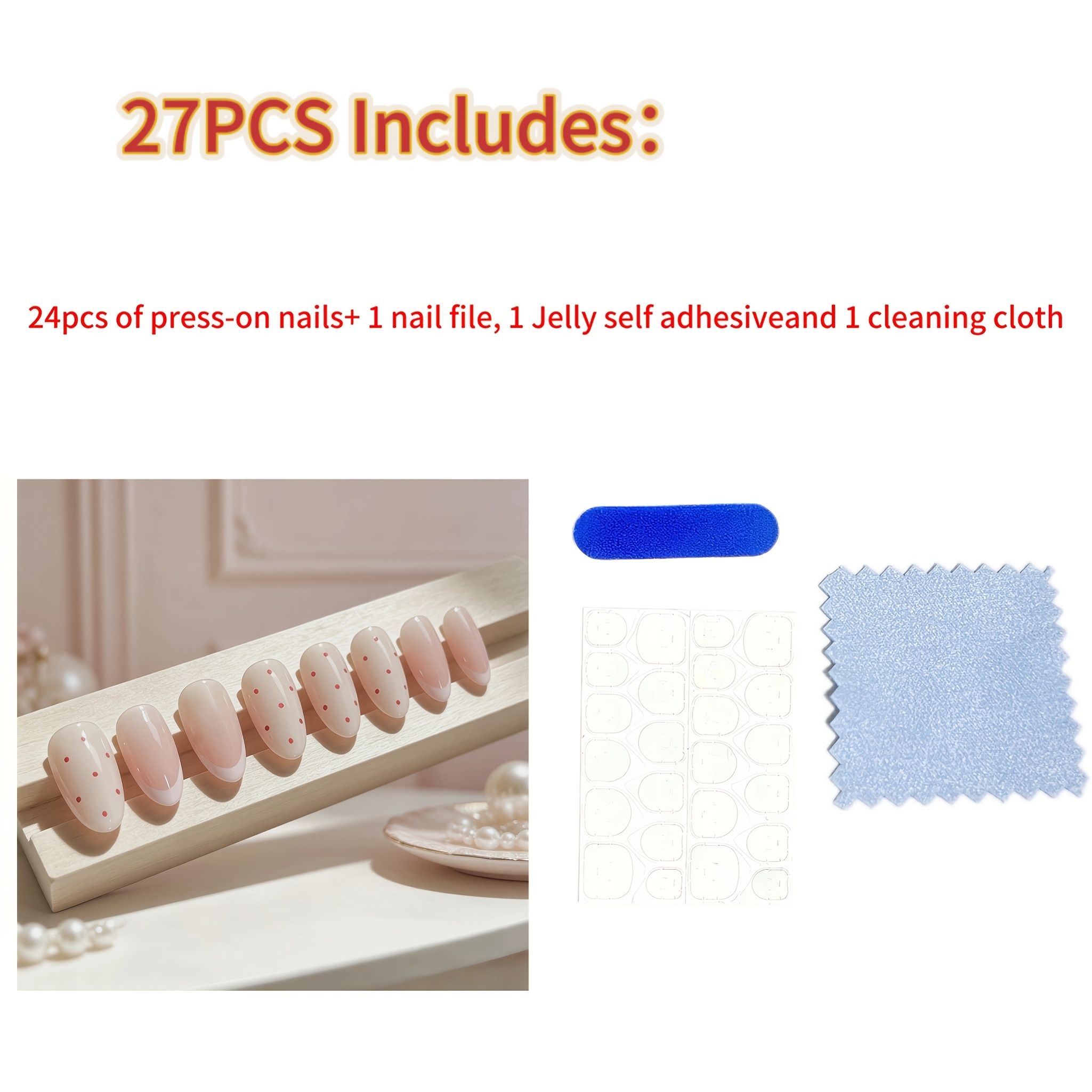 TEMU 27pcs (contains 24pcs Nail Tips, 1pc Nail File, 1 Sheet Jelly Self-adhesive Tabs And 1pc Cleaning Cloth) Almond-shaped Polka Dot Press-on Nails,