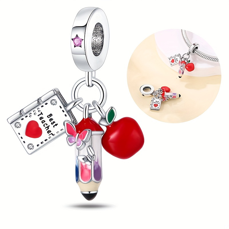 

S925 Silver Plated Professional Teacher Book Pen 3pcs Pendant Suitable For Original 3mm Bracelet And Bangle Diy Beads Suitable For Ladies Birthday Fine Jewelry Gift