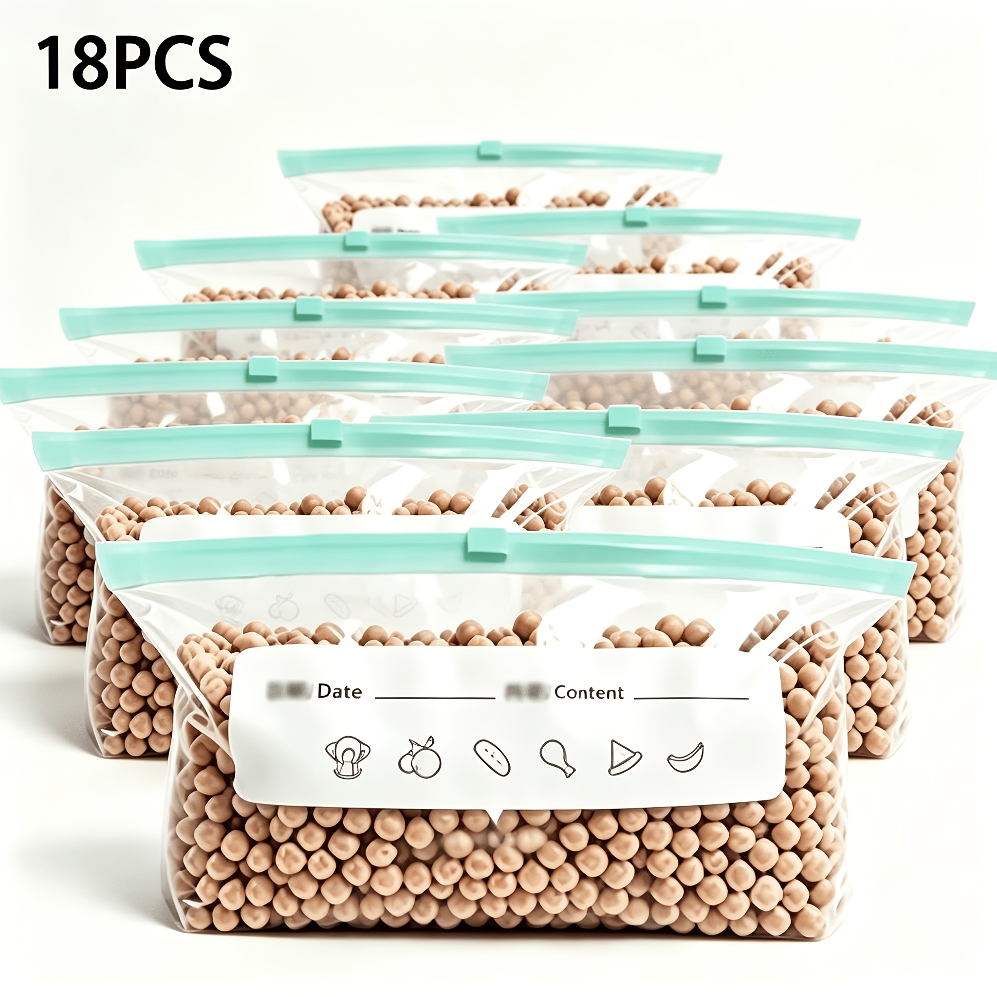 TEMU 18pcs Reusable Transparent Food Storage Bags - Durable Plastic, Colorful Labels, Bags For Fruits, Vegetables, Beans, And Meal Prep Organization,