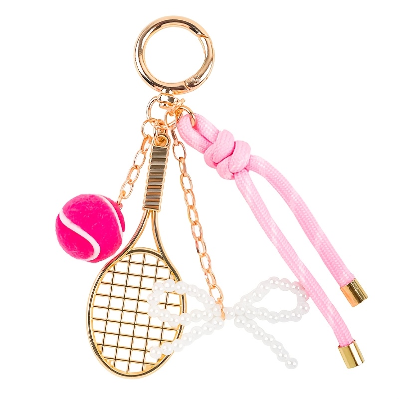 TEMU 1pc Tennis Golf Ball Keychain Pearl Bow Braided Style Pendant, With Mini Racket With Simulation Ball, Pearl Bow And Contrasting Braided Rope,