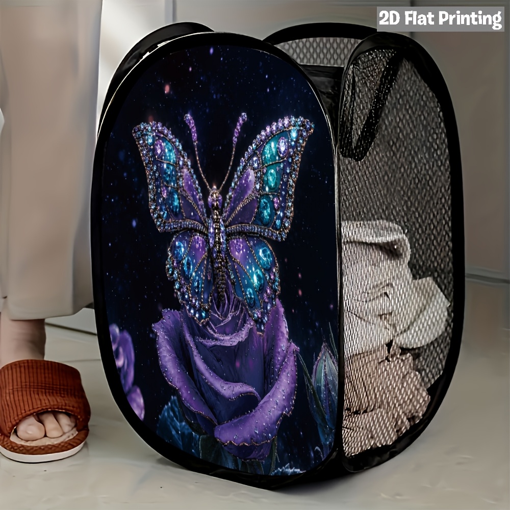 TEMU 2d Flat 1pc Elegant On Purple Rose Mesh Pop-up Laundry Hamper - Durable And Space-saving For Home Organization
