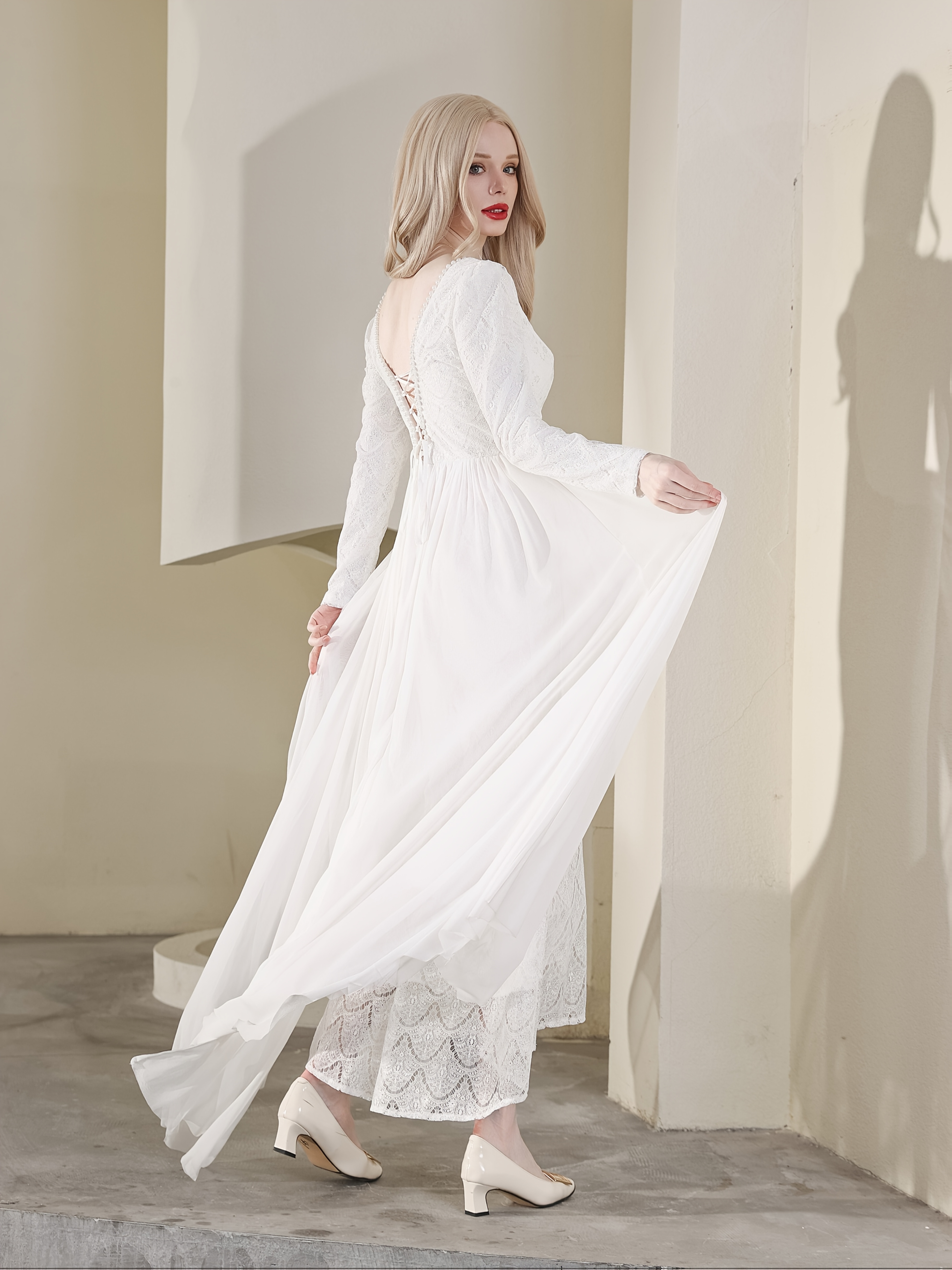 lace pearl neckline slit mesh hem elegant fairy dress party