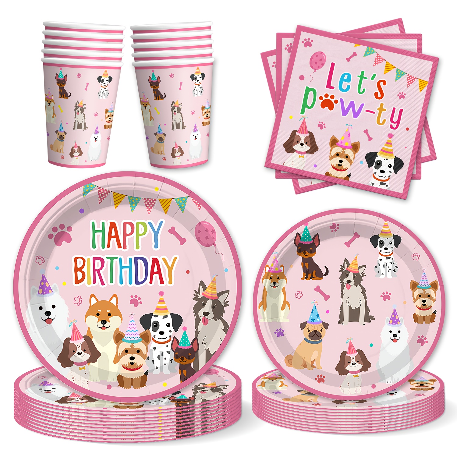 Image of 50pcs Puppy Birthday Party Supplies With Pink & Cute Dog Theme - Complete Tableware Set (7/9-inch Plates, Napkins, Cups) Suitable For ' Parties, Showers, New Year & Pet Birthdays I Halloween I Navidad