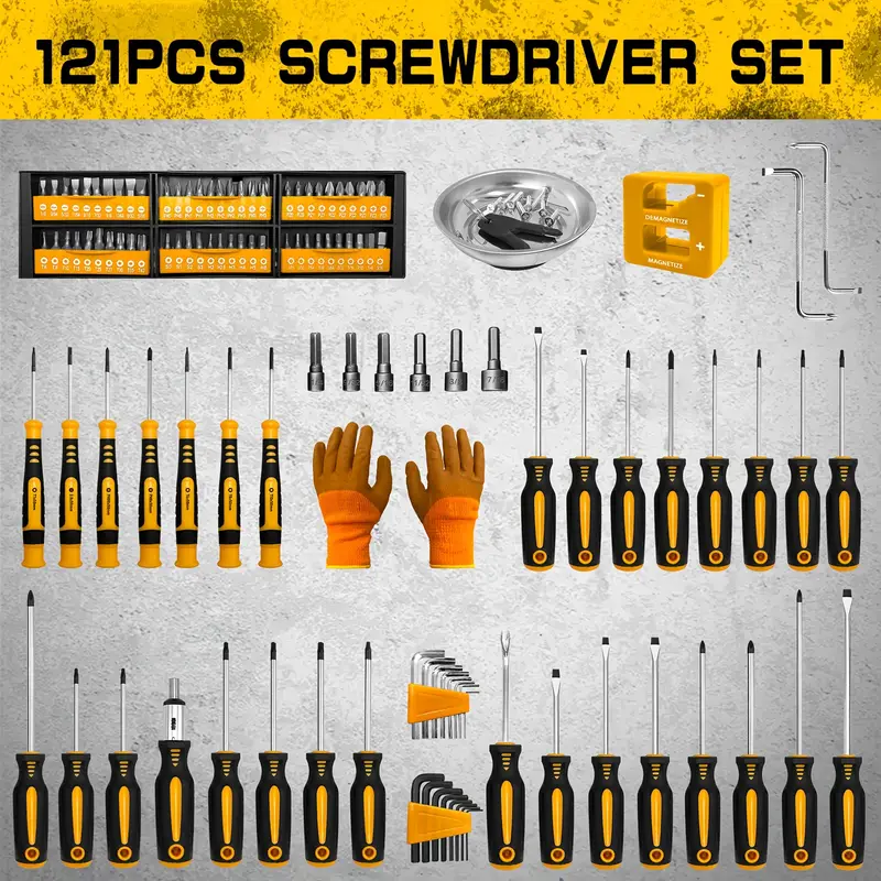 121pcs magnetic screwdriver set with chrome vanadium steel multi size hex flathead tools non storage rack magnetic bowl perfect diy tool kit for men Product details 0