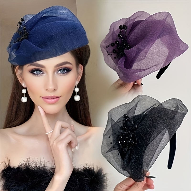 

1pc Fashion Tulle Fascinator Headband, Elegant Breathable Organza Half-hat, With Beaded Accents For Hair , Sophisticated Women's Headpiece