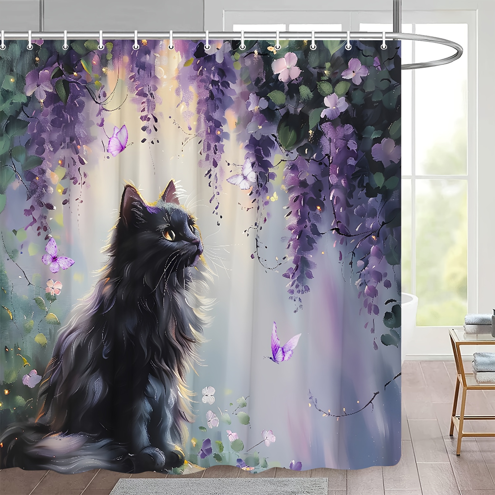 

1pcs Black Cat Shower Curtain Purple Lavender Floral Weeping Wisteria Vine Spring Watercolor Leaves Background Polyester Fabric Bathroom Curtain Sets Hooks 70.8x70.8inch