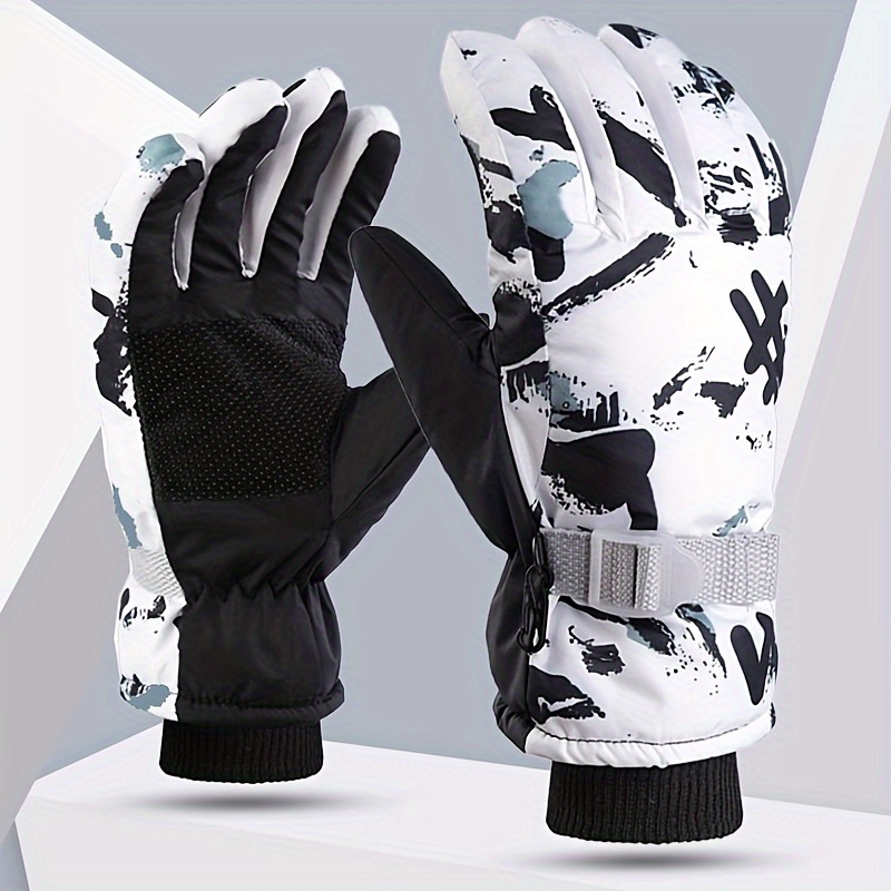 Winter Men'S Thermal, Thick, And Non-Slip Gloves for Cycling And Outdoor Activities, Featuring White Graffiti Design for Skiing And Biking.