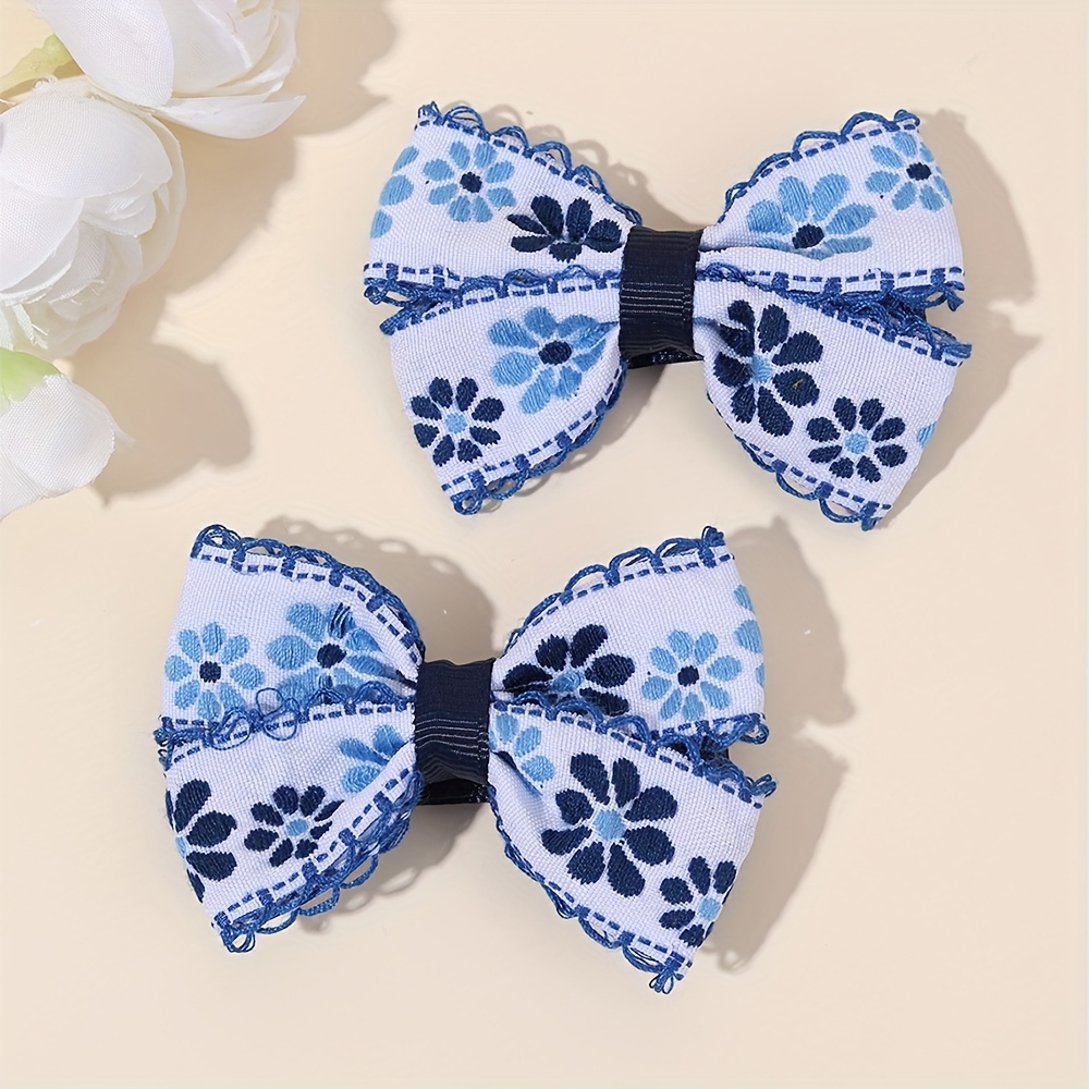 Image of 2pcs Embroidery Flower Bow Hair Clips For Womens Cute Mini Bow Accessories For Womens Ideal For Daily Casual Use Perfect Gift